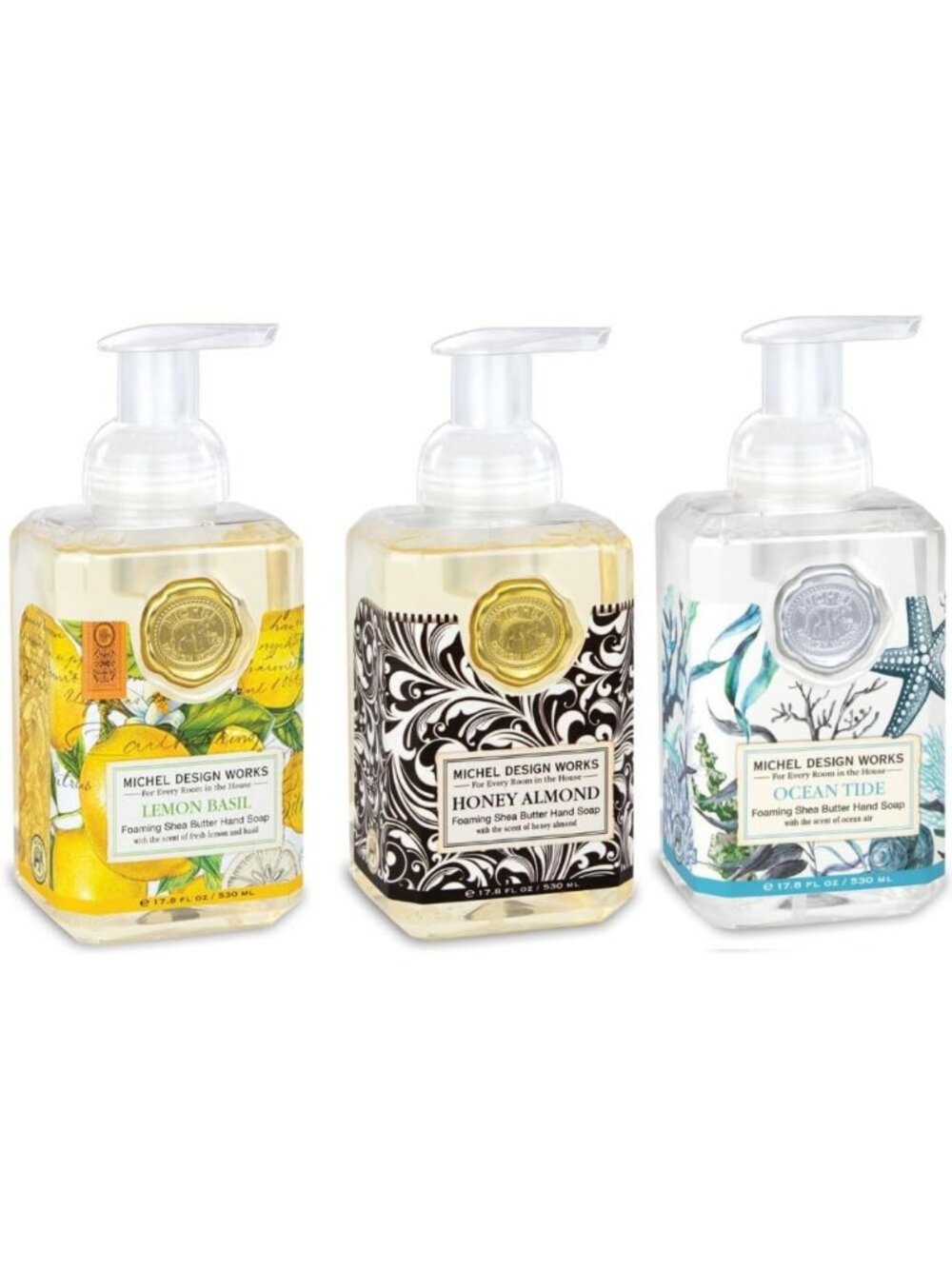 3-Piece Foaming Hand Soap Bundle - Lemon Basil, Honey Almond & Ocean Tide - Full